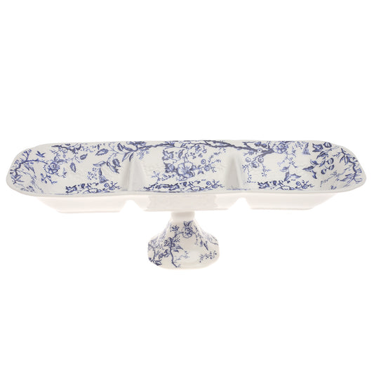 Blue & White Pedestal Dry Fruit Dish 5 x 14 Inch – Elegant Ceramic Divided Serving Platter - Habitt