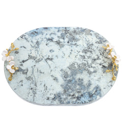 Blue Marble Finish Decorative Platter 12 x 16 Inch – Luxury Oval Serving Platter with Floral Handles - Habitt