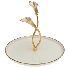 Gold & White Decorative Serving Platter 8 Inch – Elegant Glass Platter with Floral Handle - Habitt
