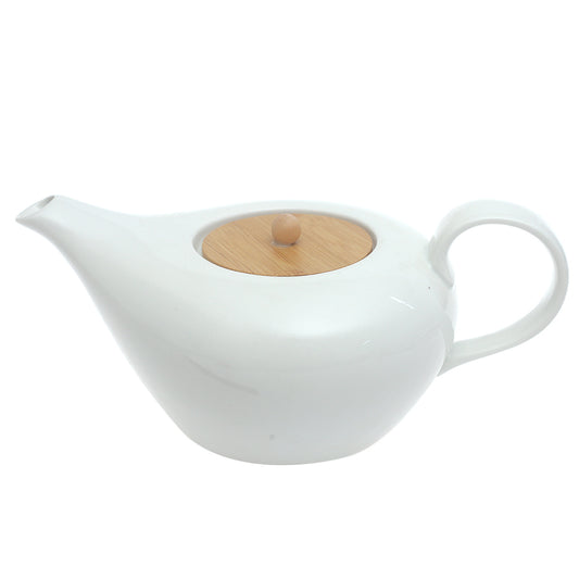 White Ceramic Tea Pot with Wooden Lid 10.5 Inch – Modern Minimalist Teapot