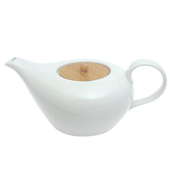 White Ceramic Tea Pot with Wooden Lid 10.5 Inch – Modern Minimalist Teapot - Habitt