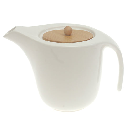 White Ceramic Tea Pot with Wooden Lid 5.5 Inch – Compact Modern Teapot