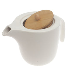 White Ceramic Tea Pot with Wooden Lid 5.5 Inch – Compact Modern Teapot - Habitt