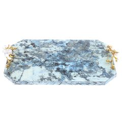 Large Blue Marble Effect Serving Tray with Floral Handles 11 × 17 Inch – Luxury Decorative Tray - Habitt