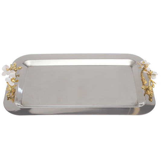 Silver Serving Tray with Gold Floral Handles 11 × 17 Inch – Elegant Decorative Tray