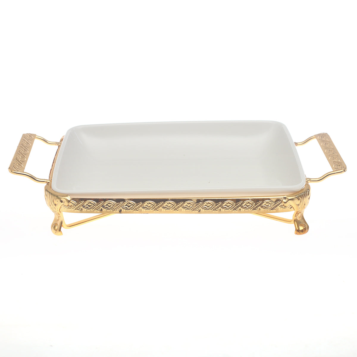 Rectangular Ceramic Serving Plate with Gold Stand & Handles – Elegant Tableware - Habitt