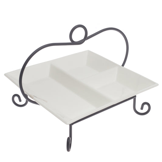 Square Divider Ceramic Serving Plate with Metal Stand – Elegant Symphony Collection
