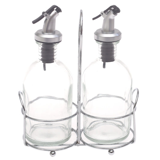 Glass Oil & Vinegar Bottle Set 3 Pieces – 260ml Dispenser with Metal Stand
