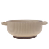 Beige Ribbed Ceramic Serving Dish with Handles – Round Minimalist Soup & Serving Bowl - Habitt