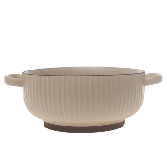 Beige Ribbed Ceramic Serving Dish with Handles – Round Minimalist Soup & Serving Bowl - Habitt
