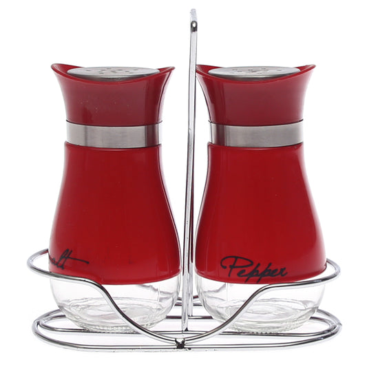 Salt & Pepper Set 6-5 – Red Glass Shakers with Stand