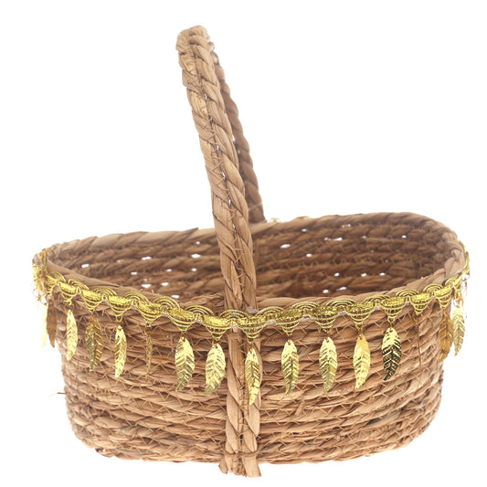 Large Brown Handwoven Storage Basket with Handle & Gold Leaf Detailing