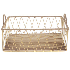 Large Gold Storage Basket with Wooden Base – Modern Metal Organizer