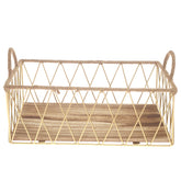 Storage Basket – Medium Gold Metal Wire Basket with Wooden Base & Handles (10 x 14 Inch) - Habitt