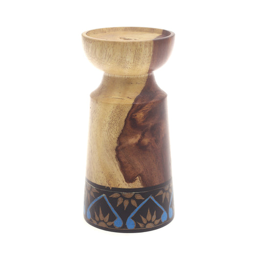 Small Wooden Candle Stand – Blue & Black | Elegant Decorative Holder
