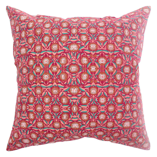 Mughal Bloom Cotton Cushion Cover – 18x18 Inch Red Floral Decorative Throw Pillow Case
