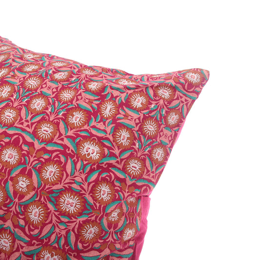 Mughal Bloom Cotton Cushion Cover – 18x18 Inch Red Floral Decorative Throw Pillow Case
