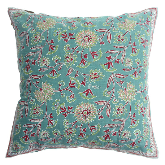 Naqsh Cotton Cushion Cover – 18x18 Inch Floral Teal Decorative Throw Pillow Case