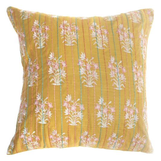 Rang Mahal Cushion Cover 18x18 – Mustard Yellow Cotton Embroidered Floral Throw Pillow