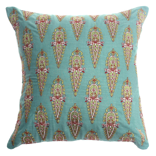 Rang Motif Cushion Cover 20x20 – Teal Cotton Throw Pillow with Embroidered Paisley Pattern