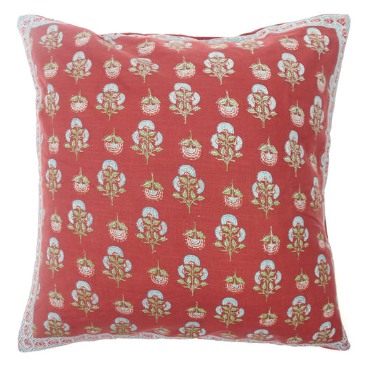 Shalimar Buta Cushion Cover 18x18 – Traditional Floral Red Cotton Throw Pillow Cover