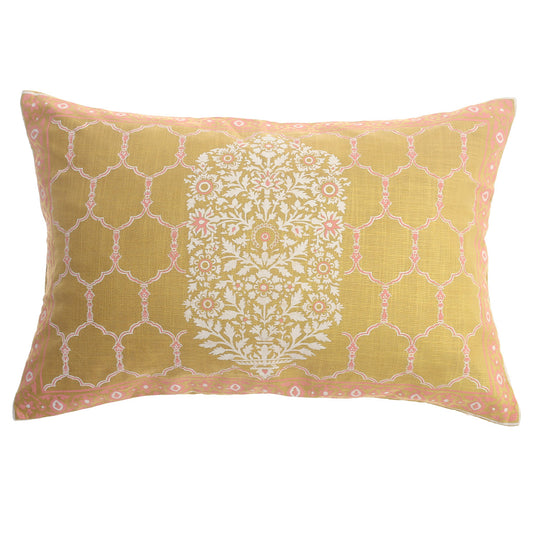 Zareen Cushion Cover 12x18 – Yellow Floral Block Print Cotton Lumbar Pillow