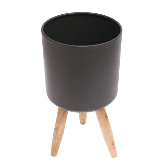 Grey Planter with Wooden Stand – Small