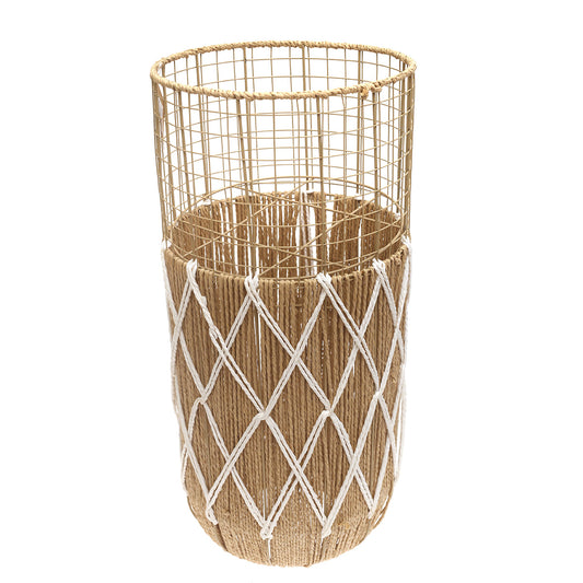 Large White & Natural Metal Wire Vase with Woven Rope Detailing (27 Inch Height)