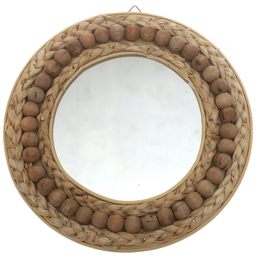 Natural Round Mirror 11.5 x 11.5 Inch Handwoven Beaded Frame