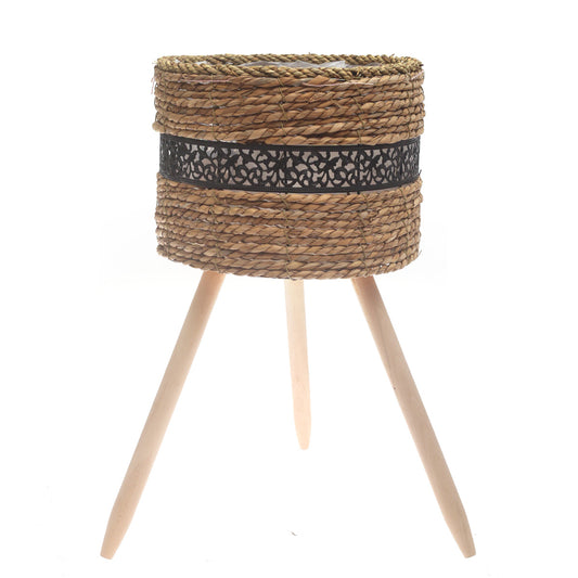 Large Handwoven Natural Fiber Planter with Wooden Stand – Black Accent | 12 x 12 x 9 Inch