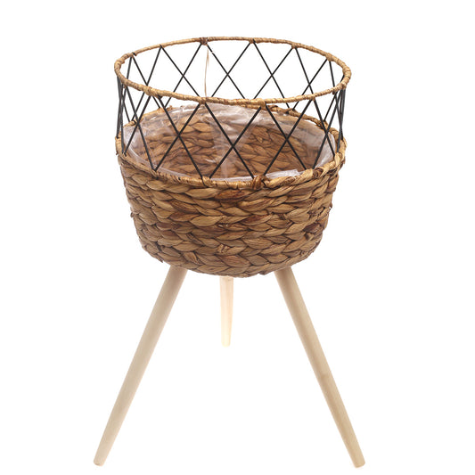 Large Natural Handwoven Planter with Wooden Stand – Open Metal Design | 12 x 12 x 10 Inch