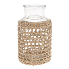 Transparent Glass Vase with Handwoven Natural Fiber Wrap – 10 Inch Height