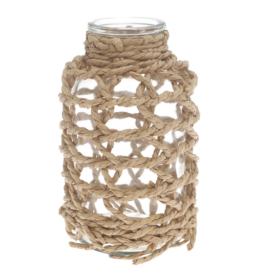 Transparent Glass Vase with Handwoven Natural Fiber Wrap – 8 Inch Height