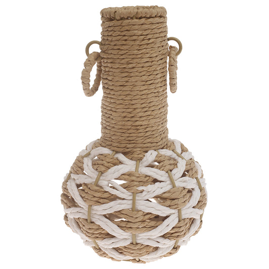 White & Natural Handwoven Decorative Vase with Rope Detailing – 10 Inch Height