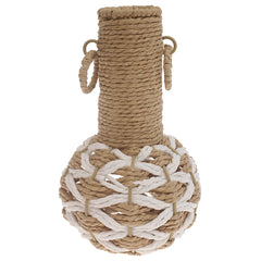 White & Natural Handwoven Decorative Vase with Rope Detailing – 10 Inch Height