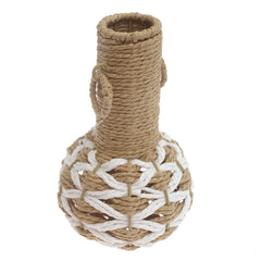 White & Natural Handwoven Decorative Vase with Rope Detailing – 10 Inch Height