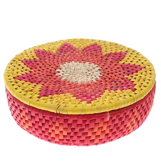 Handwoven Hotpot Basket with Lid – Yellow, Orange & Pink Floral Design (3x10 in, UC-B-02)