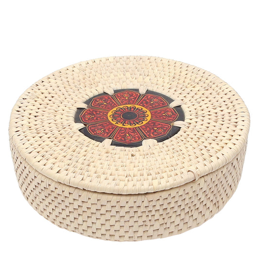 Handwoven Roti Basket with Lid – Red Mandala Design (3x10 in, UC-B-28)