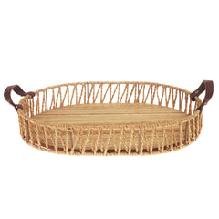 Large Handwoven Natural Decorative Tray with Wooden Base & Leather Handles – 12 x 16 Inch