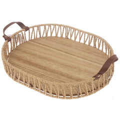 Large Handwoven Natural Decorative Tray with Wooden Base & Leather Handles – 12 x 16 Inch