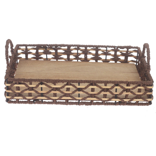 Small Handwoven Brown Decorative Tray with Wooden Base & Handles – 10 x 14 Inch