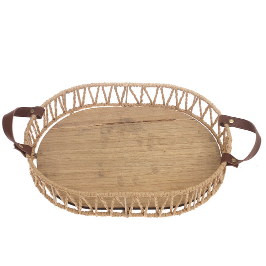 Small Handwoven Natural Decorative Tray with Wooden Base & Leather Handles – 10 x 14 Inch