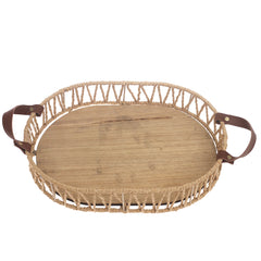 Small Handwoven Natural Decorative Tray with Wooden Base & Leather Handles – 10 x 14 Inch