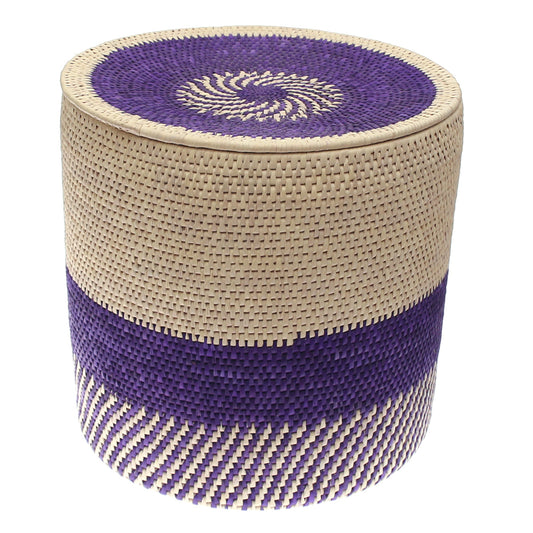 Handwoven Laundry Basket with Lid – Purple & Natural Circular Design (20x20 in, UC-B-15)
