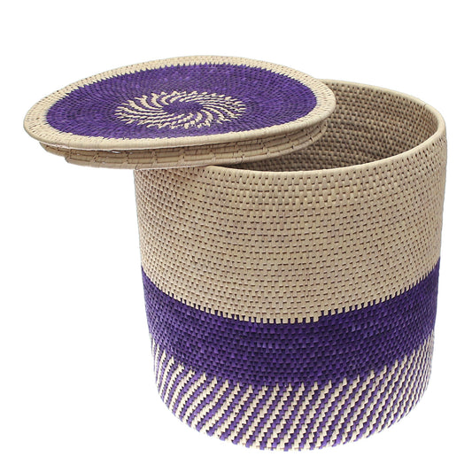 Handwoven Laundry Basket with Lid – Purple & Natural Circular Design (20x20 in, UC-B-15)