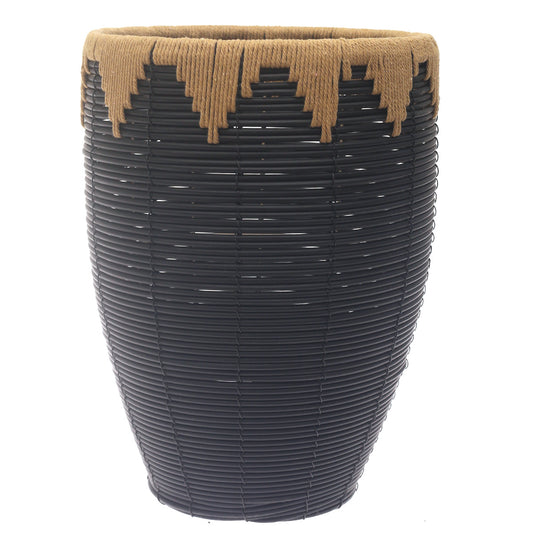 Medium Black Woven Laundry Basket with Natural Rope Rim – 12 x 12 x 17.5 Inch