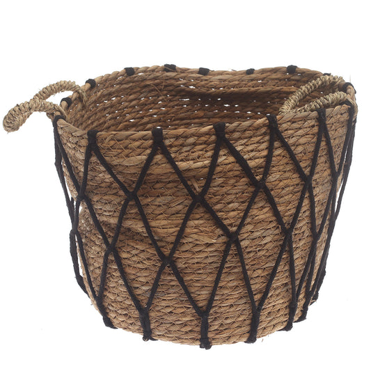 Large Woven Storage Basket with Black Rope Detail – 12 x 12 x 10 Inch