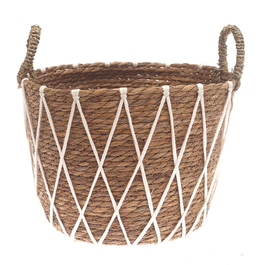 Large Woven Storage Basket with White Rope Detail – 12 x 12 x 10 Inch