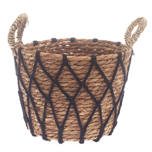 Small Woven Storage Basket with Black Rope Detail – 9 x 9 x 7 Inch