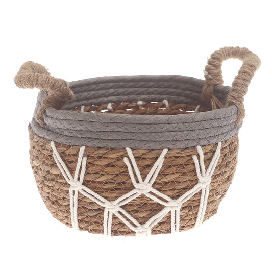 Small Woven Storage Basket Grey & White Rope Detail – 9 x 9 x 5.5 Inch